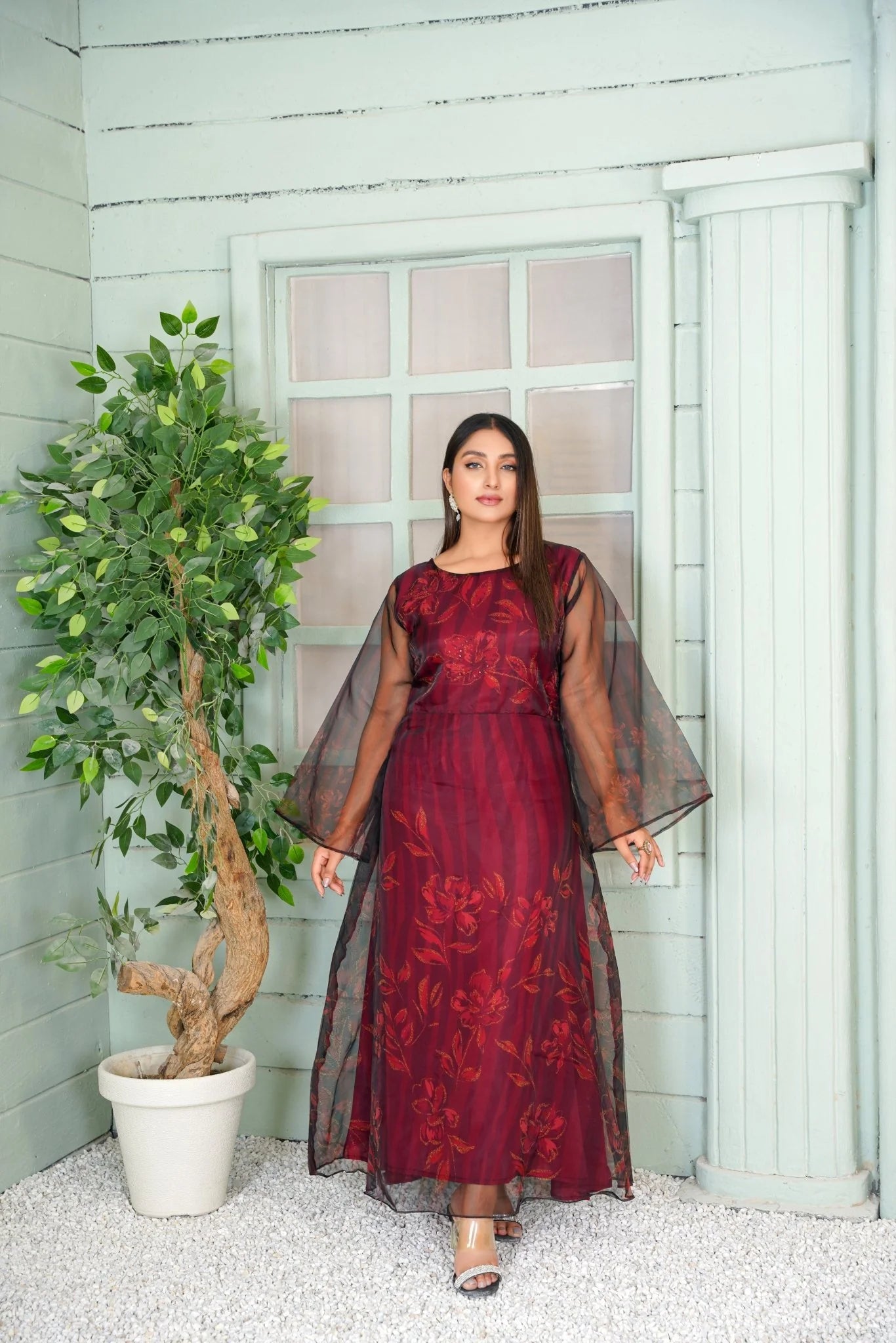 Elegant Maroon Floral Embroidered Long Maxi